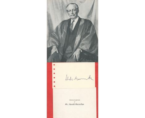 Former Prime Minister Harold Macmillan Signed 5x3 inch Signature Card. Signed in Later Years in black ink. Included is a 8x6 
