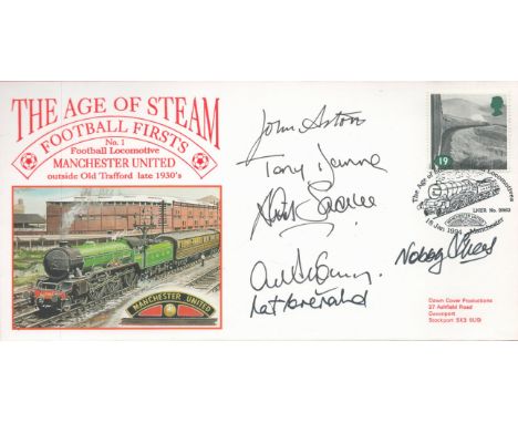 Football Man Utd Legends Signed The Age of Steam Football First FDC. Inc John Aston, Tony Dunne, David Sadler, Alex Stepney, 