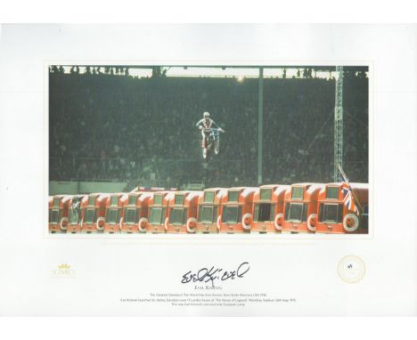 Evel Knievel Signed Limited Edition 16x12 inch Colour Print Showing Knievel Jumping Over London Busses. A Great Daredevil. Si