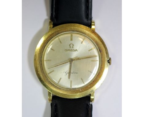 Omega - a gentleman's 18ct gold cased wristwatch, circa 1960's, the silver coloured dial with baton numerals, centresweep sec