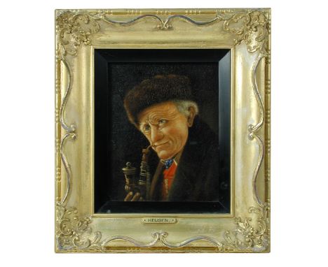 Christian Heuser (German 1862-1942) Portrait of an elderly gentleman smoking a pipe oil on panel 16 x 13cm (6 x 5in)  Under g