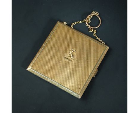A 9ct gold cigarette case, by Jays, Chester 1922, rectangular and engine turned with suspension chain, crested and dated June