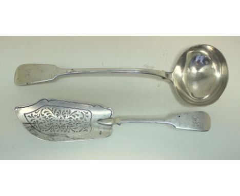 A large William IV silver fiddle pattern soup ladle, by William Eaton, London 1832, 34cm together with a Victorian silver fid