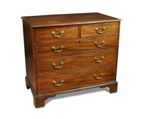A George III mahogany chest of drawers, fitted two short and three long drawers, brass swan neck handles, on bracket feet 92 