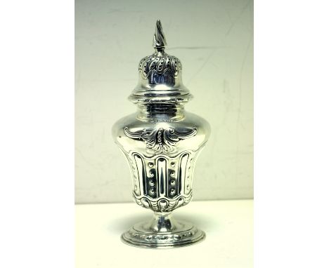 An Edwardian silver sugar caster, by Joseph Rodgers, Sheffield 1907, of oval baluster form raised on an oval pedestal foot, t