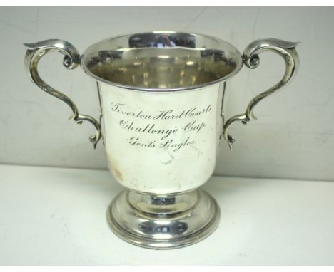 Tiverton Hard Court Challenge Cup - a silver two handled tennis trophy cup, by Charles Edwards, London 1923, of inverted bell