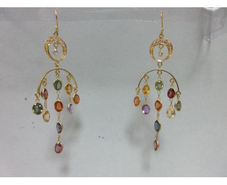 A pair of 18ct gold and rainbow gemset ear pendants, each wire hook suspending a closed crescent set with white stones then a