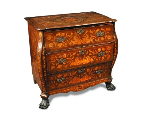 An early 19th century Dutch oak Bombe commode, marquetry inlaid with central paterae and floral spray, fitted three drawers, 