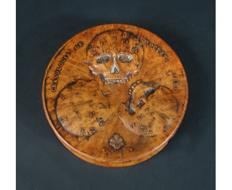 An early 19th Century French pressed burr maple snuff box, the circular cover marked 'CRANOLOGIE DU DOCTEUR GALL' with three 