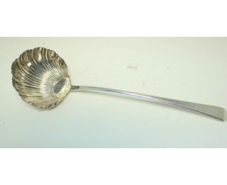 A George III silver old English pattern soup ladle probably by Thomas Ellis, London 1773, with shell bowl, 34.5cm, 5.27oz  