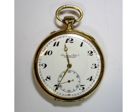 International Watch Company, Schaffhausen - an 18 carat gold open faced pocket watch, A white enamel dial printed with black 