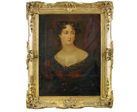 Follower of Henry William Pickersgill (19th Century) Portrait of a lady, head and shoulders, in a red dress, tartan shawl and