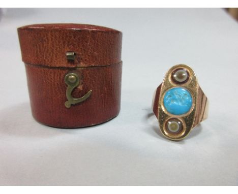 A turquoise intaglio, thought to be Roman, set in an antique ring, the circular turquoise carved with a leaping winged horse 