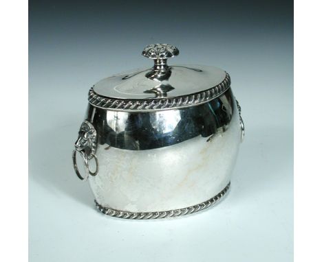 A silver teacaddy, by Ellis Jacob Greenberg, Birmingham 1910, of plain oval bellied form between gadrooned edges, having two 