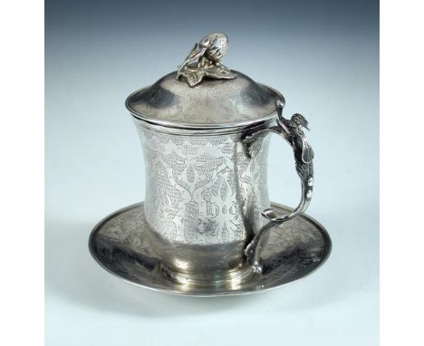 A late 19th/early 20th century Ottoman silver sahlep cup and cover, with saucer, tughra mark from the Ottoman empire prior to