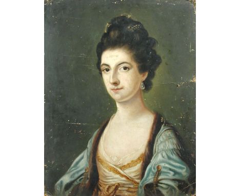 After Francis Cotes (English, 18th Century) Portrait of Mrs Bouverie of Keale, County Cork, in pearls and a blue shawl oil on