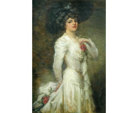 C Long (Italian, 20th Century) Portrait of Mrs Kitty Leader, wife of Colonel W Lewes, in a silk and lace dress, three-quarter