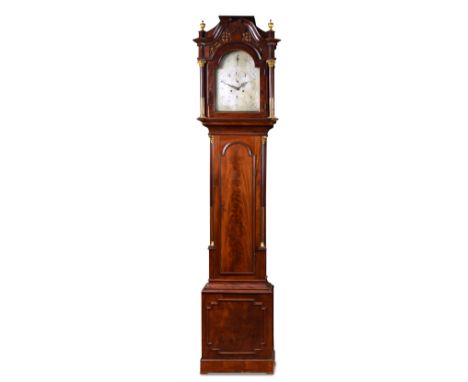 William Jourdain, London , a George III mahogany longcase clock, the hood with swanneck moulding, fretwork panels to the side