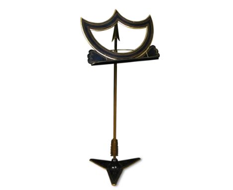 A painted parcel gilt iron framed music stand, with arrow pattern column on a triform base 120cm (47in)  