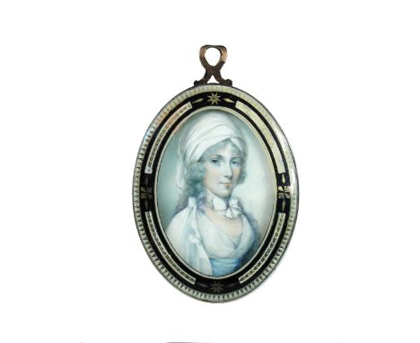 French School (18th Century)  Portrait miniature of a lady with curled hair in a white turban and dress watercolour on ivory 