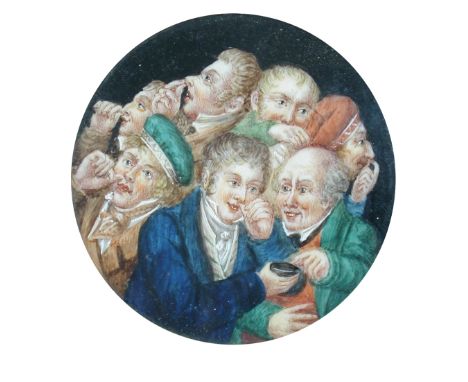 French School  (early 19th Century) A portrait miniature of men sampling snuff inscribed verso "Les priseurs Boilly" ("The au