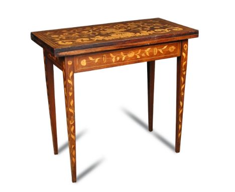 A 19th century Dutch marquetry inlaid mahogany card table, green baize lining and with domino playing pieces inlaid to the bo