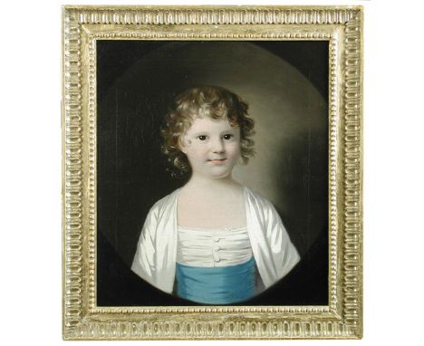 Tilly Kettle (British, 1735–1786) Portrait of a young girl in cream dress with blue sash, half length in a painted oval oil o