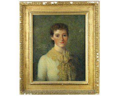 English School  (19th Century) Portrait of a young lady, bust length, in white signed lower left "J ... / '86" watercolour, u