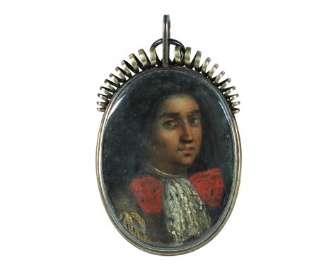 Florentine School  (17th Century) Portrait miniature of a gentleman in lace cravat and red bow oil on copper 4½cm (2in)  Very