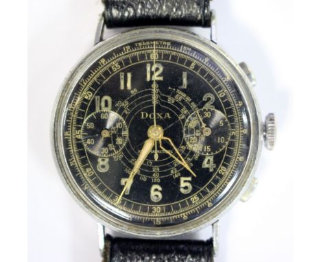 Doxa - a gentleman's steel cased chronometer, circa 1940's, the black dial with gold coloured Arabic numerals and scales, cen