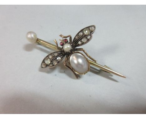 A 19th century diamond and pearl bee brooch, the wings are set with old cushion cut and rose cut diamonds, the abdomen with a