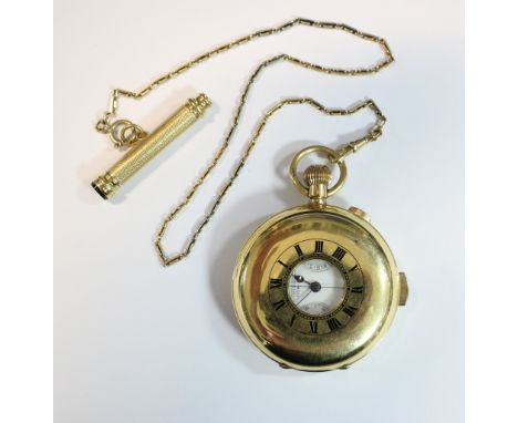 S Smith & Son Ltd (Retailer) - an 18ct gold half hunter cased minute repeating pocket watch, with white enamel dial printed w