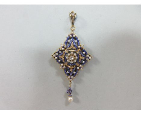 A diamond, pearl and enamel Renaissance revival pendant by Carlo Giuliano, the diaper outline quatrefoil jewel set to the cen