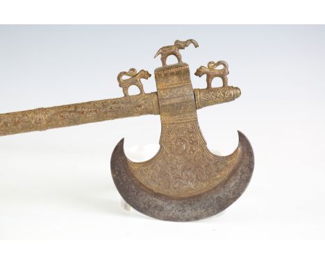 A 19th century Indian axe with crescent-shaped steel blade, blade width 12.5cm, supported in a gilt brass mount and handle wi