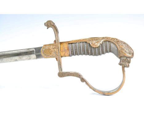 A First World War period German artillery officer's sword with curved single-edged fullered blade, blade length 82cm, cast br