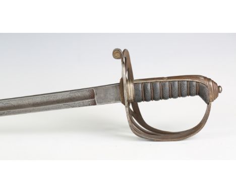 An 1827 pattern Rifle Brigade officer's dress sword with slightly curved single-edged blade, blade length 84cm, etched with f