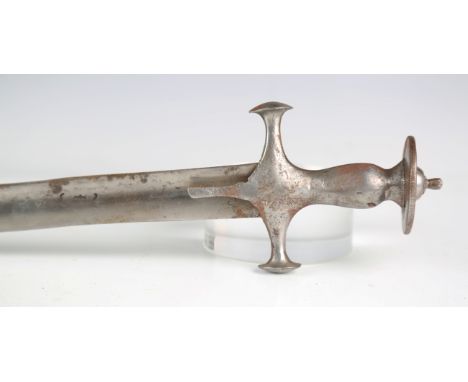 A 19th century Indian tulwar with curved watered blade, blade length 78cm, damascened steel hilt, decorated with linear and w