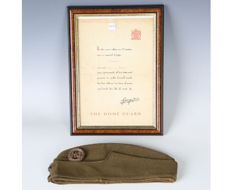 A Second World War period side cap with economy plastic Home Guard badge, together with a Home Guard Certificate of Service t