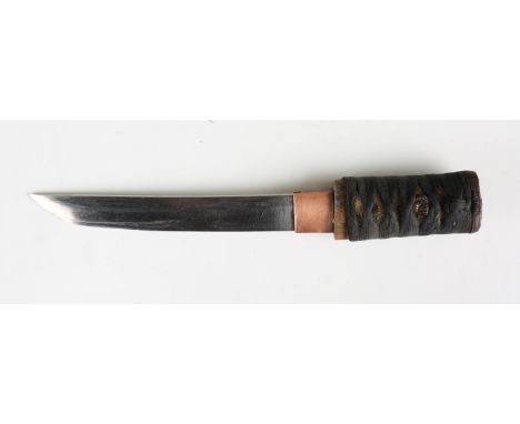 A 19th century Japanese tanto with straight single-edged blade, blade length 17cm, tape-bound fishskin grip with menuki fitti