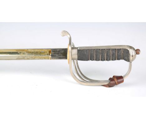 A George VI 1821 pattern Royal Artillery officer's sword with single-edged blade, blade length 86cm, triple-bar hilt and wire