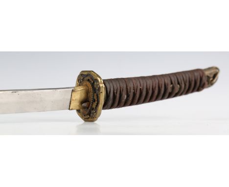 A Second World War period Japanese katana with curved single-edged blade, blade length 67.5cm, brass tsuba, tape-bound leathe