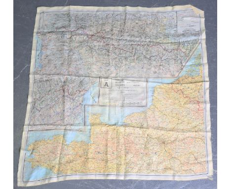 A Second World War period silk escape map, one side printed with 'Sheet A, France, Belgium, Holland', the other with 'Sheet B