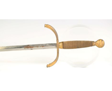 A late 19th century dress rapier with diamond-section blade, blade length 47.5cm, downward-swept gilt brass ring guard and wi