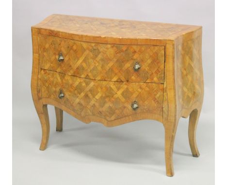 A 19TH CENTURY MILANESE FRUITWOOD PARQUETRY SERPENTINE COMMODE, with two long drawers on curving legs. 3ft 2.5ins wide x 2ft 