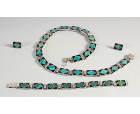 A GOOD DESIGNER SILVER AND ENAMEL BRACELET AND EARRINGS.