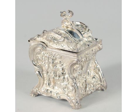 A SILVER PLATED ROCOCO TEA CADDY. 5ins high.