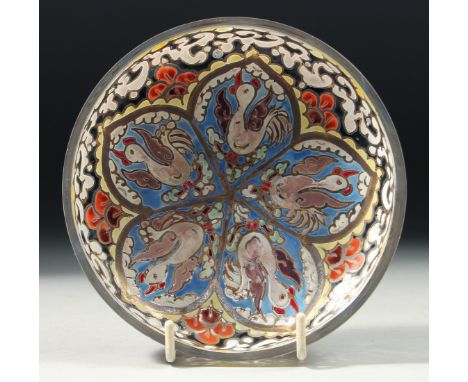 A VERY GOOD RUSSIAN CIRCULAR GLASS AND ENAMEL DISH. 4.75ins diameter.