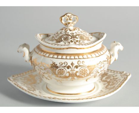 A SPODE FELSPAR PORCELAIN TWO HANDLED WHITE AND GILT SUCRIER, COVER AND STAND.