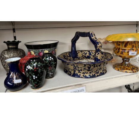 9 pieces of glass and ceramics to include vases by Febland Italy, KPM Bavaria, planter y Radiant Gibsons, cinnabar lacquer li