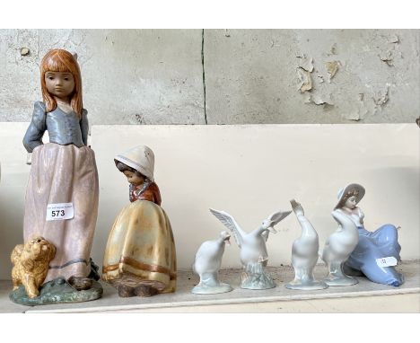 2 matt finish Lladro figures - Girl with dog (height appx 37cm), Girl with hands behind back (appx 20cm), 4 Lladro geese figu